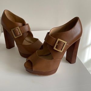 MICHAEL Michael Kors Brown leather platform Mary Janes with gold buckles